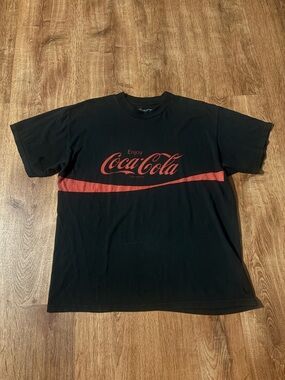Coca Cola Black Tee with Red Logo and Stripe - Men's Large Short Sleeve